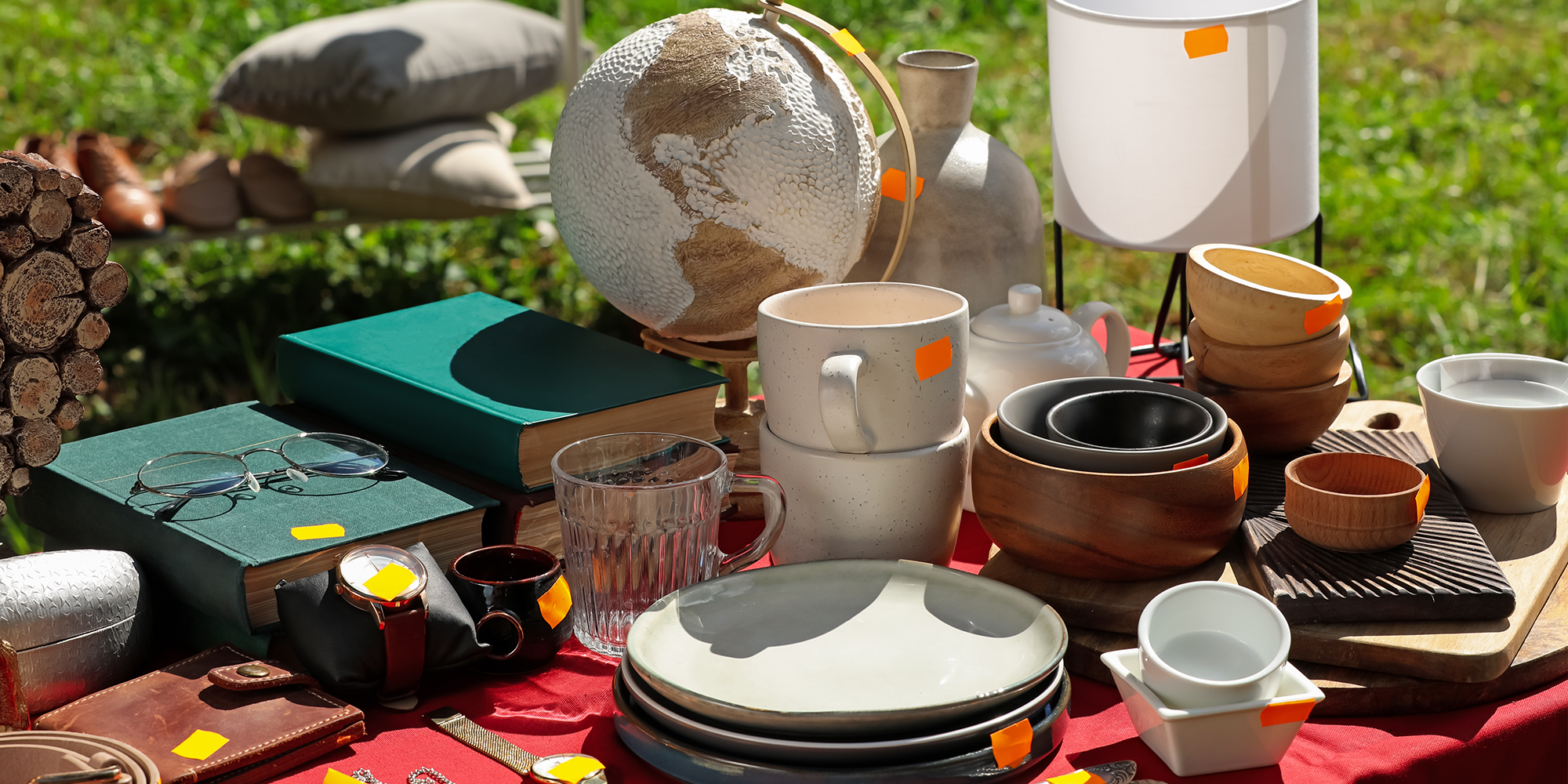 Several items like books, plates, ceramic mugs, etc. sit on a table in someone's lawn.