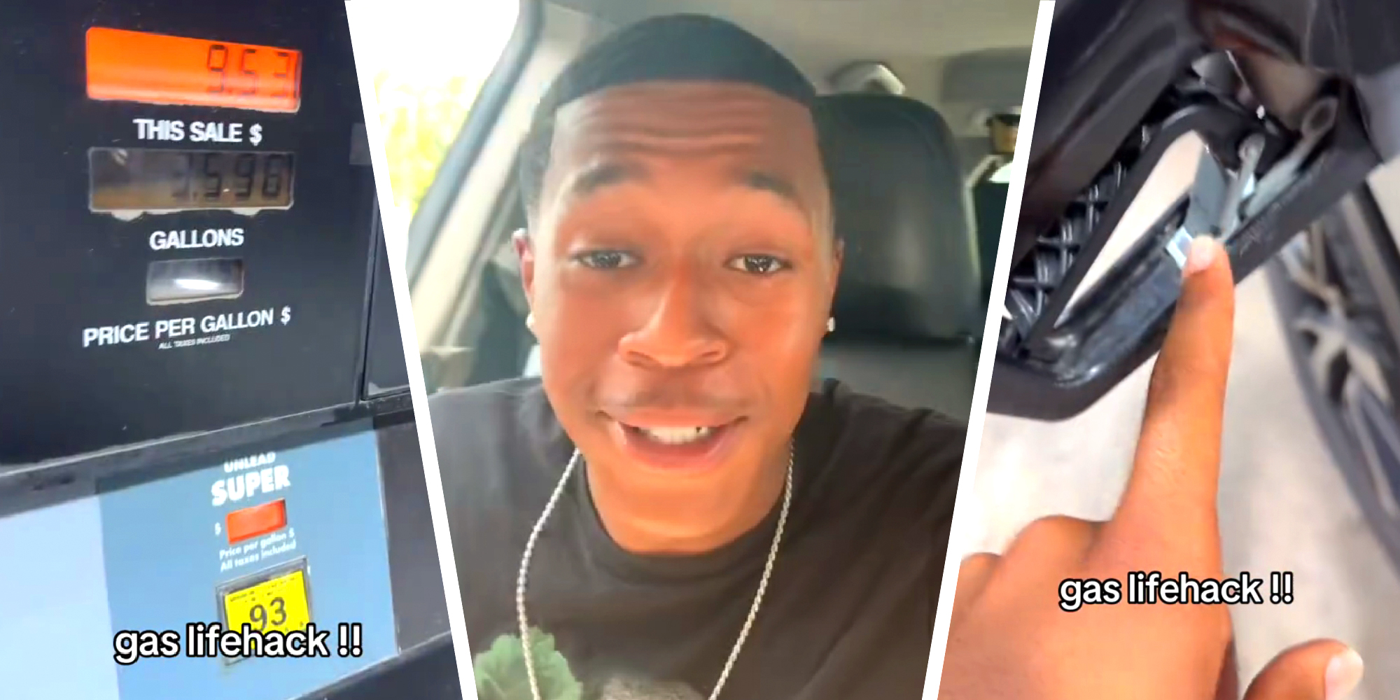 3 panel image of a TikTok user sharing a lifehack for pumping gasoline.