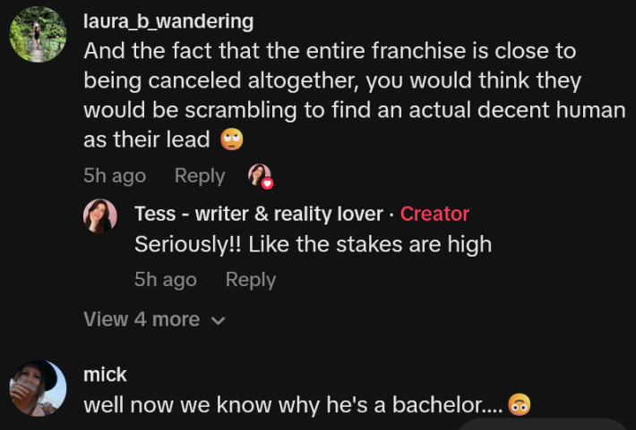 TikTok comments including "And the fact that the entire franchise is close to being canceled altogether, you would think they would be scrambling to find an actual decent human as their lead"