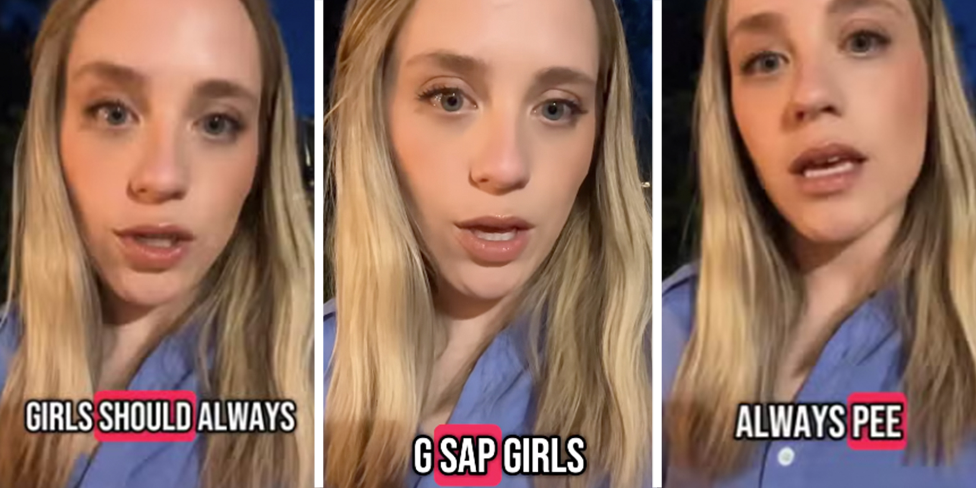 Blonde woman speaking into a camera with a caption overlay reading: GSAP: Girls should always pee