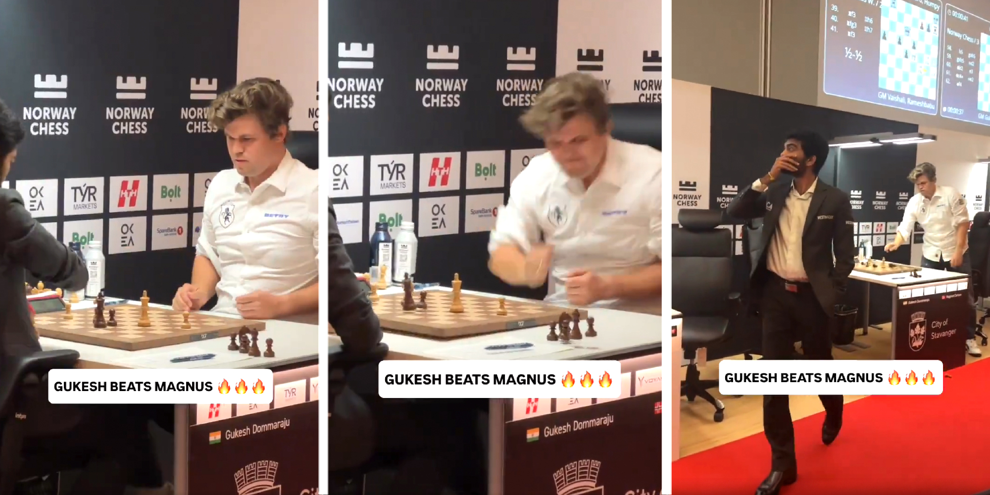 3 panel image of the chess championship and the moment when Magnus Carlsen loses.