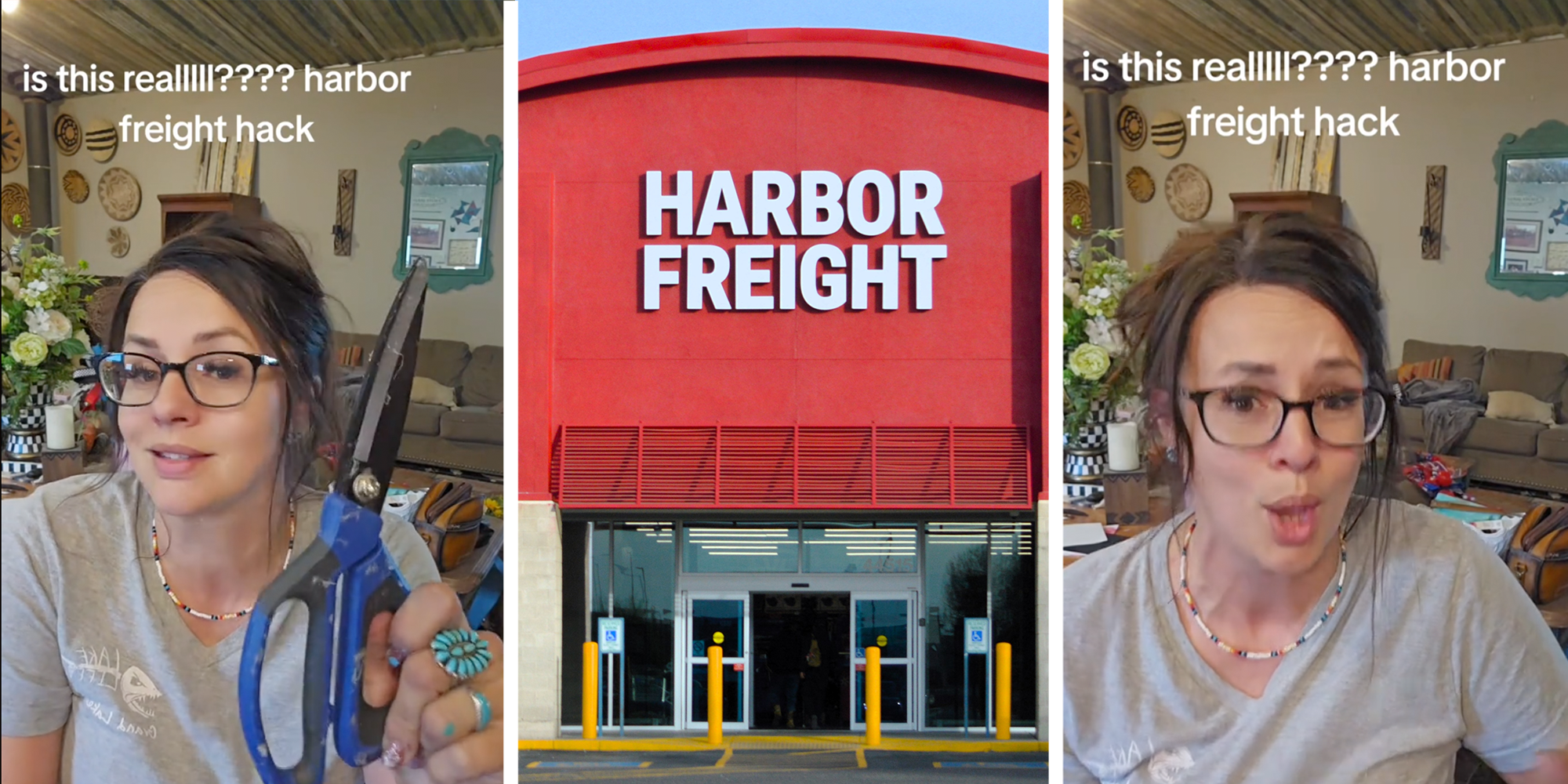 Woman holds up blue Harbor Freight shears. Red Harbor Freight storefront.