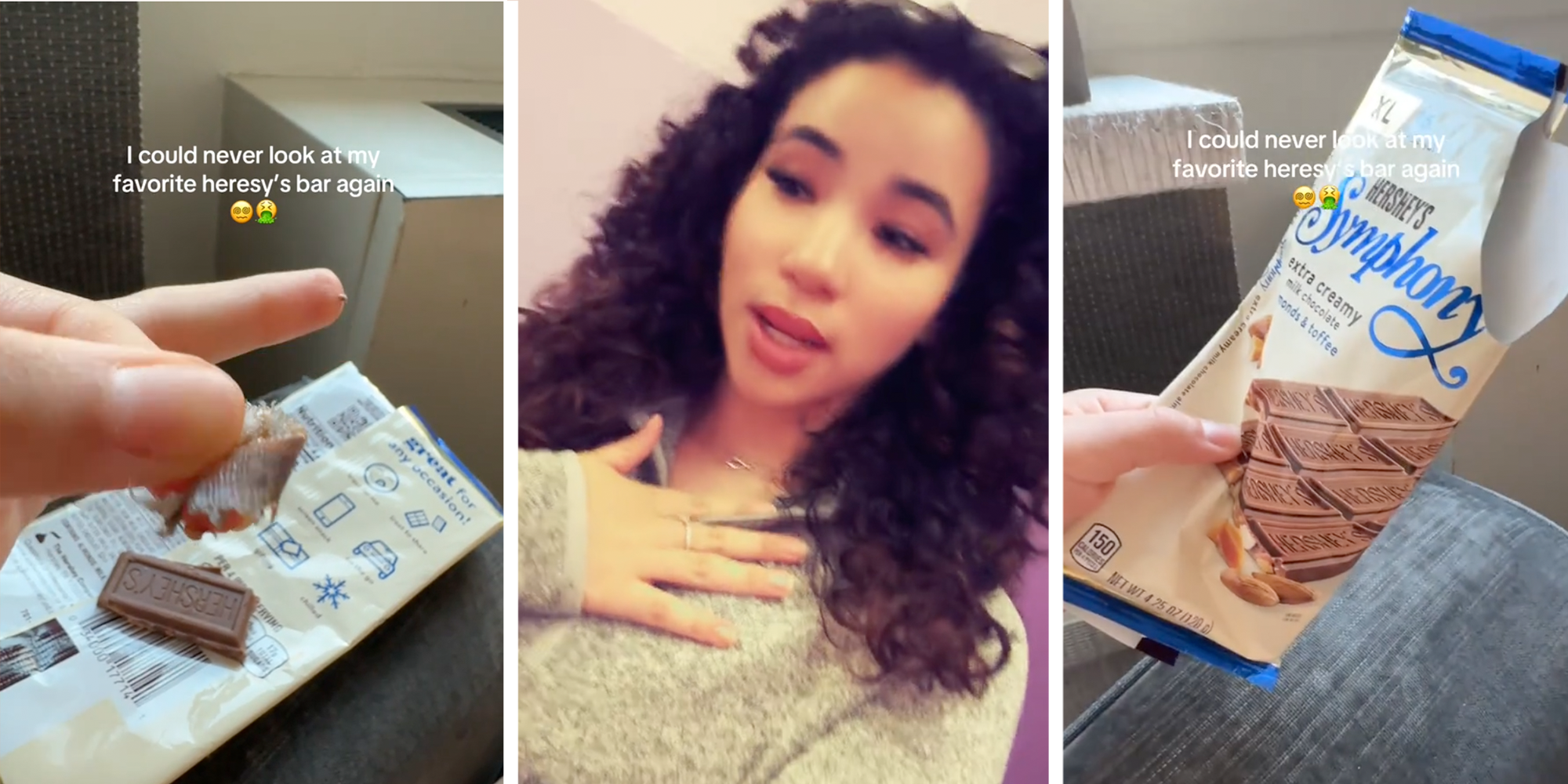 Hershey Symphony bar containing an unknown material. A woman puts her hand up to her neck, shocked.