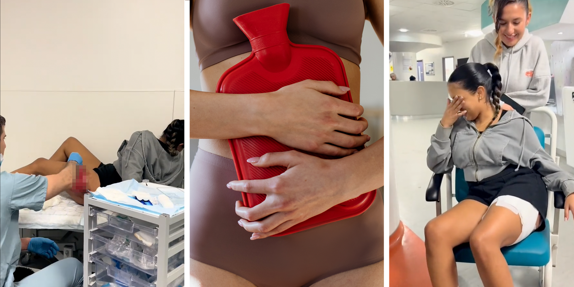 Doctor tends to woman's large third-degree burn on her leg; woman holds red hot water bottle up to her abdomen, a woman sits in a wheel chair in the hospital, with a white bandage wrapped around her thigh. She holds her head in her hand.