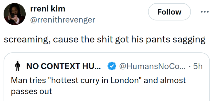 Tweet reading "screaming, cause the shit got his pants sagging"