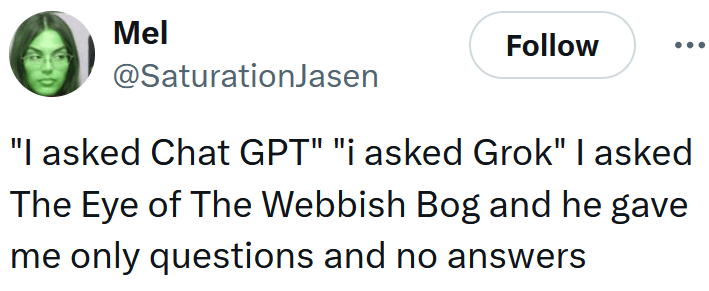 Tweet reading ""I asked Chat GPT" "i asked Grok" I asked The Eye of The Webbish Bog and he gave me only questions and no answers"