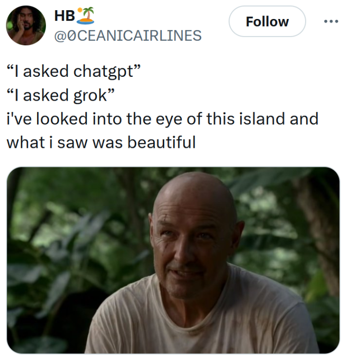Tweet reading "“I asked chatgpt” “I asked grok” i've looked into the eye of this island and what i saw was beautiful"