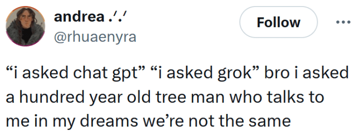 Tweet reading "“i asked chat gpt” “i asked grok” bro i asked a hundred year old tree man who talks to me in my dreams we’re not the same"