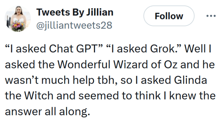 Tweet reading "“I asked Chat GPT” “I asked Grok.” Well I asked the Wonderful Wizard of Oz and he wasn’t much help tbh, so I asked Glinda the Witch and seemed to think I knew the answer all along."