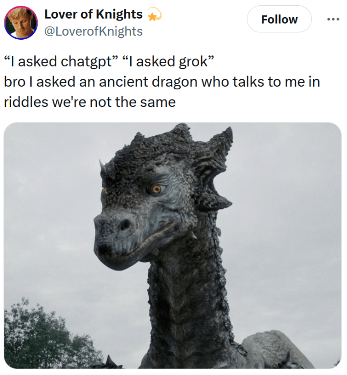 Tweet reading "“I asked chatgpt” “I asked grok” bro I asked an ancient dragon who talks to me in riddles we're not the same"