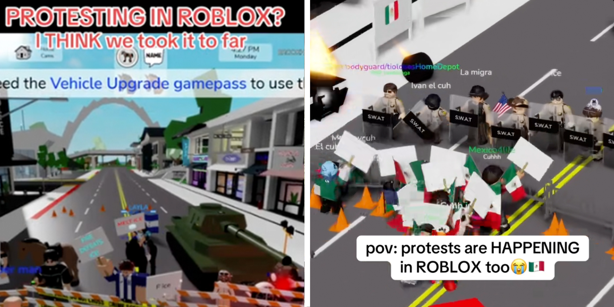 Left: Roblox game showing a protest against ICE under caption reading: "Protesting in Roblox? I think we took it to far" Right: Roblox characters holding Mexican flags clashing with Swat teams during an ICE protest below a caption reading, "pov: protests are happening in Roblox too"