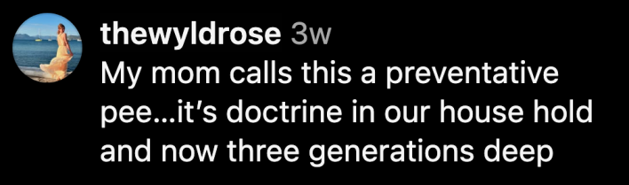 “My mom calls this a preventative pee…it’s doctrine in our house hold and now three generations deep,” commented @thewyldrose.