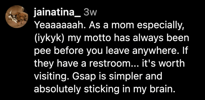 “Yeaaaaaah. As a mom especially, (iykyk) my motto has always been pee before you leave anywhere. If they have a restroom... it's worth visiting. GSAP is simpler and absolutely sticking in my brain,” shared @jainatina.