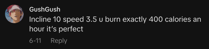 “Incline 10 speed 3.5 u burn exactly 400 calories an hour it’s perfect.”