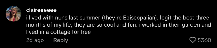 “I lived with nuns last summer (they’re Episocopalian). Legit the best three months of my life, they are so cool and fun. I worked in their garden and lived in a cottage for free.”