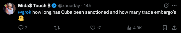 @xauaday queried @grok in reply, “How long has Cuba been sanctioned and how many trade embargo’s?”