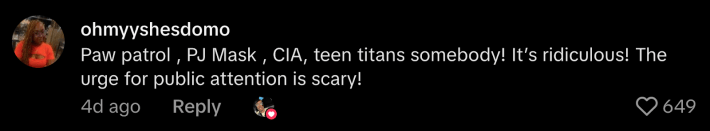 @ohmyyshesdomo commented, “Paw patrol, PJ Mask, CIA, teen titans, somebody! It’s ridiculous! The urge for public attention is scary!”