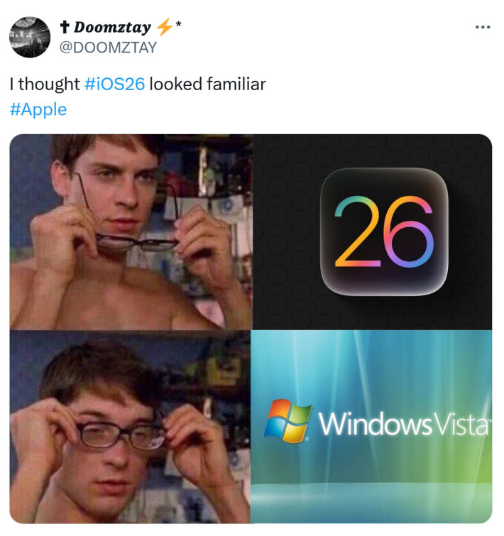 Meme about Apple's new Liquid Glass looking like Windows Vista.