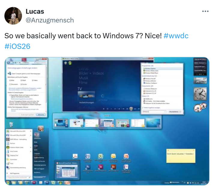 Tweet that reads, "So we basically went back to Windows 7? Nice! #wwdc #iOS26" with a screenshot of Windows 7 on a computer.