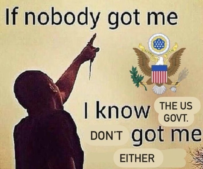 Meme of a man pointing at the sky with Great Seal of the United States. Text reads, "If nobody got me I know the US govt. don't got me either."