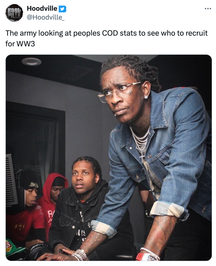 Iran bombing meme: Tweet that reads, "The army looking at peoples COD stats to see who to recruit for WW3" with a photo of men looking intently at a screen.