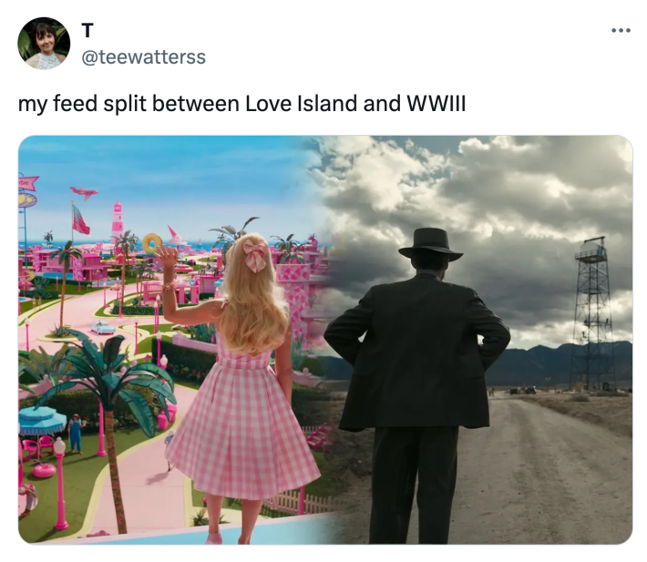 Tweet that reads, "my feed split between Love Island and WWIII" with a split photo of Barbenheimer.