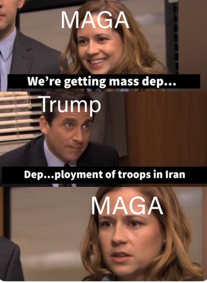 Meme from The Office where Trump is changing his rhetoric from mass deportation to deployment of troops to Iran.