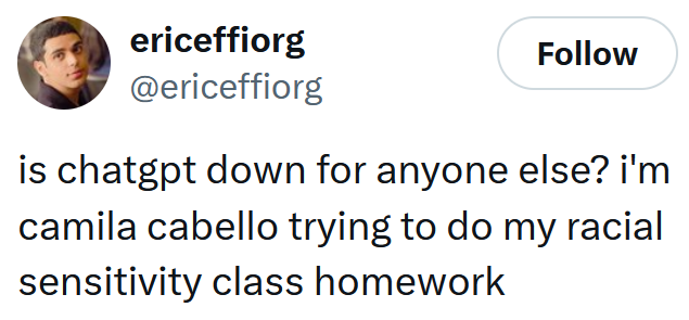 Tweet reading "is chatgpt down for anyone else? i'm camila cabello trying to do my racial sensitivity class homework"