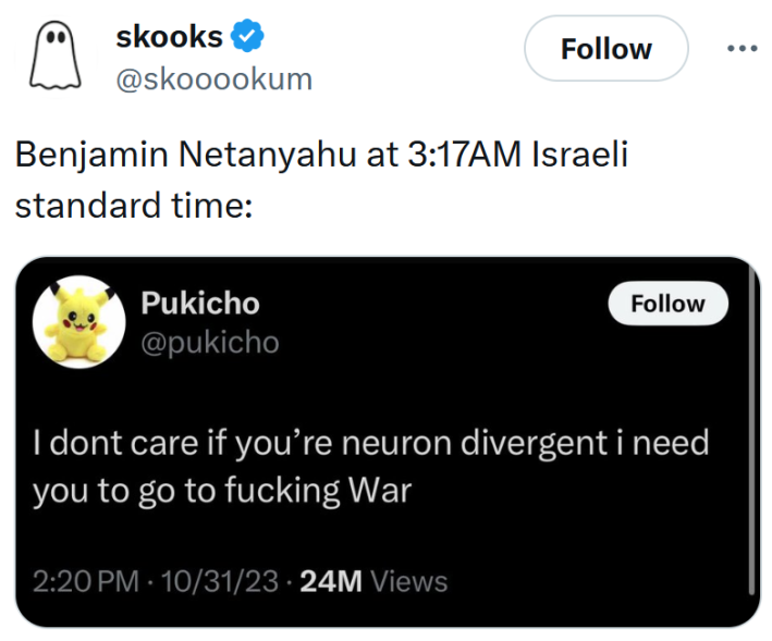 Israel attacking Iran meme with the tweet saying "I don't care if you're neuron divergent i need you to go to fucking War."