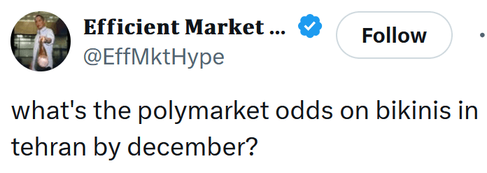 Tweet reading "what's the polymarket odds on bikinis in tehran by december?"