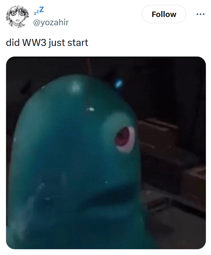 Israel attacking Iran meme with an image of a blob giving side-eye.