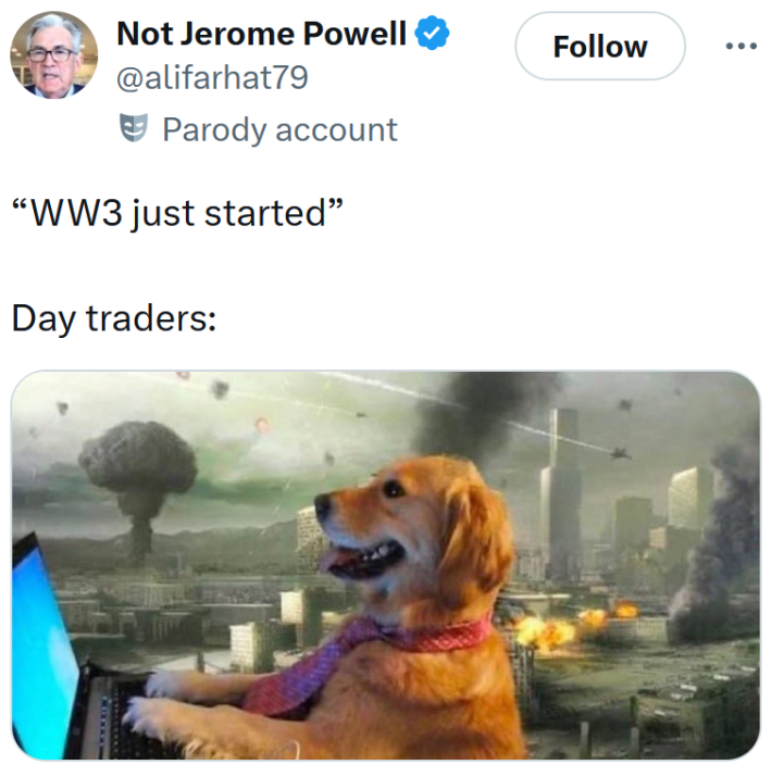 Israel attacking Iran meme about day traders working during war.