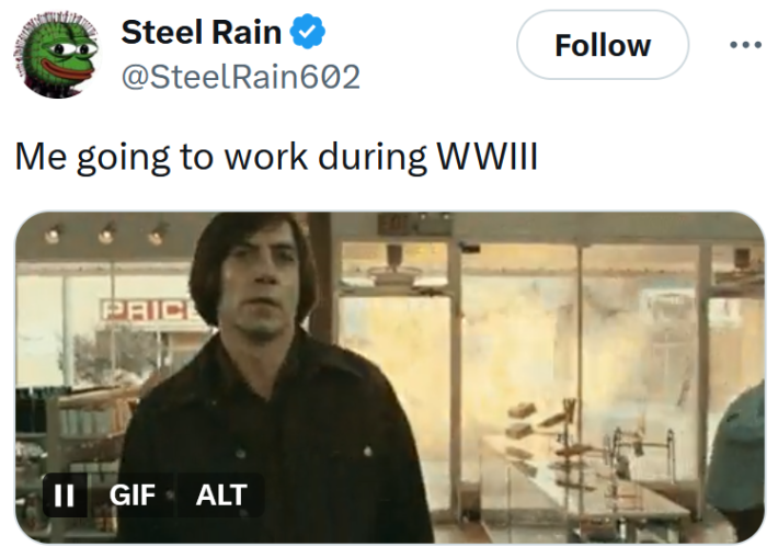 Israel attacking Iran meme with a gif from No Country for Old Men.
