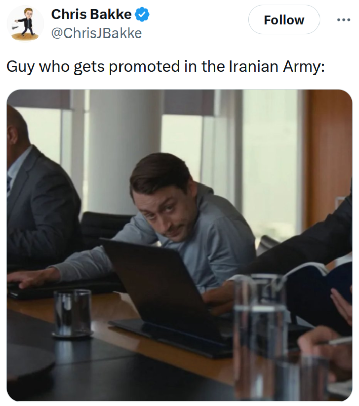 Israel attacking Iran meme about getting promoted in the Iranian army.