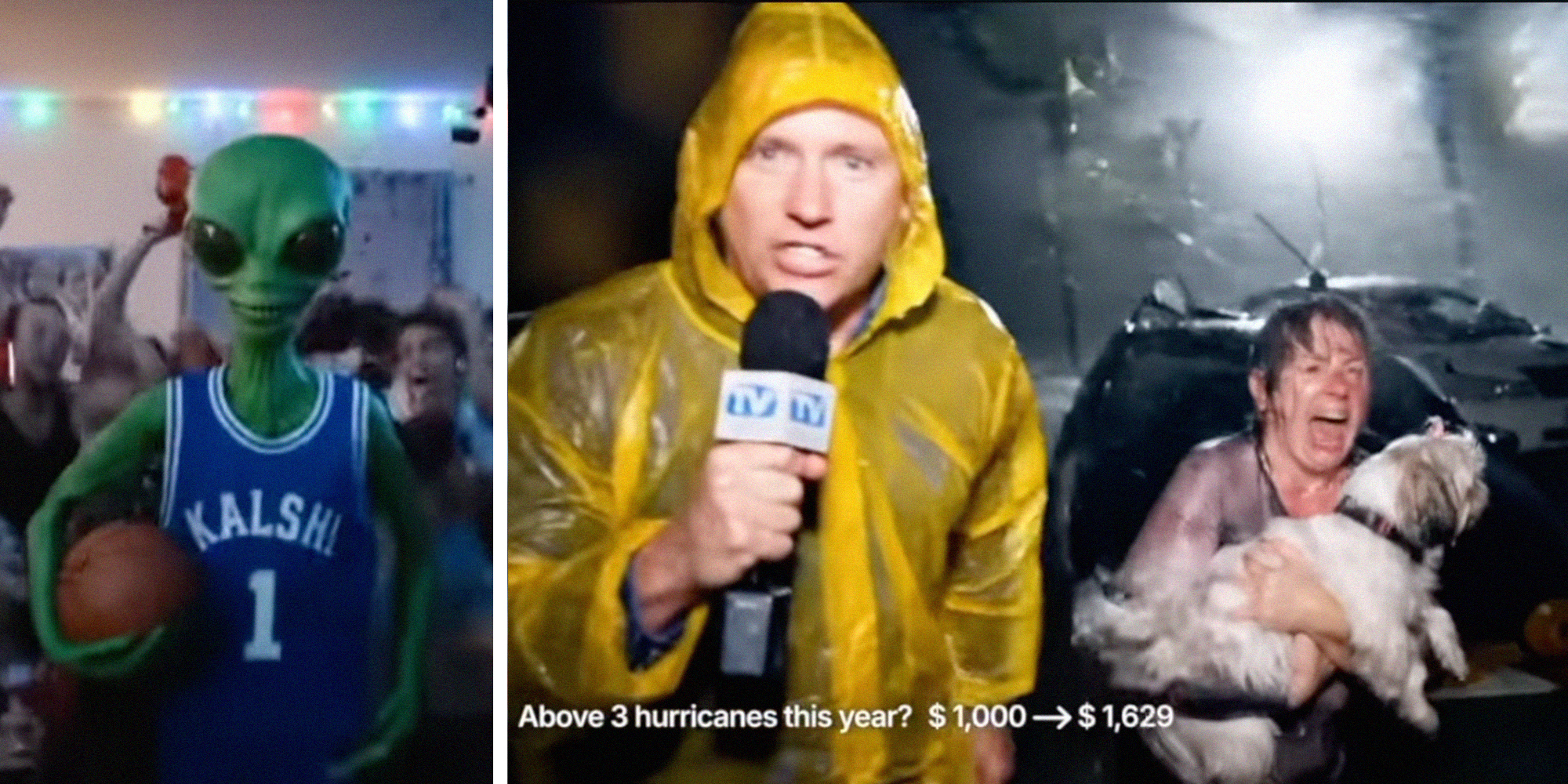 Bizarre AI generated ad stills show a green alien in a basketball jersey at a house party. Another still shows a weather man in a yellow jacket looking at the camera, next to a woman in distress holding her dog as they bear a wild hurricane.