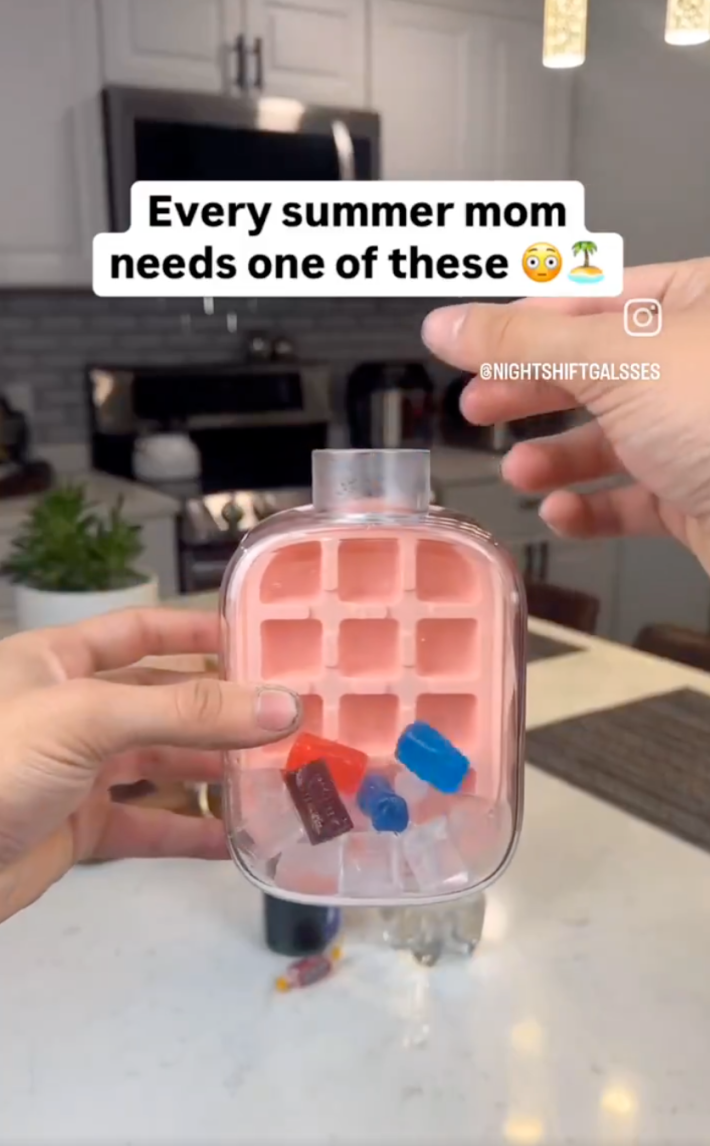 @nightshitgalsses on instagram/ Sprite, cough syrup, and Jolly Ranchers—aka “lean”—to demo an ice cube tray that doubles as a flask under the caption, “Every summer mom needs one of these.”