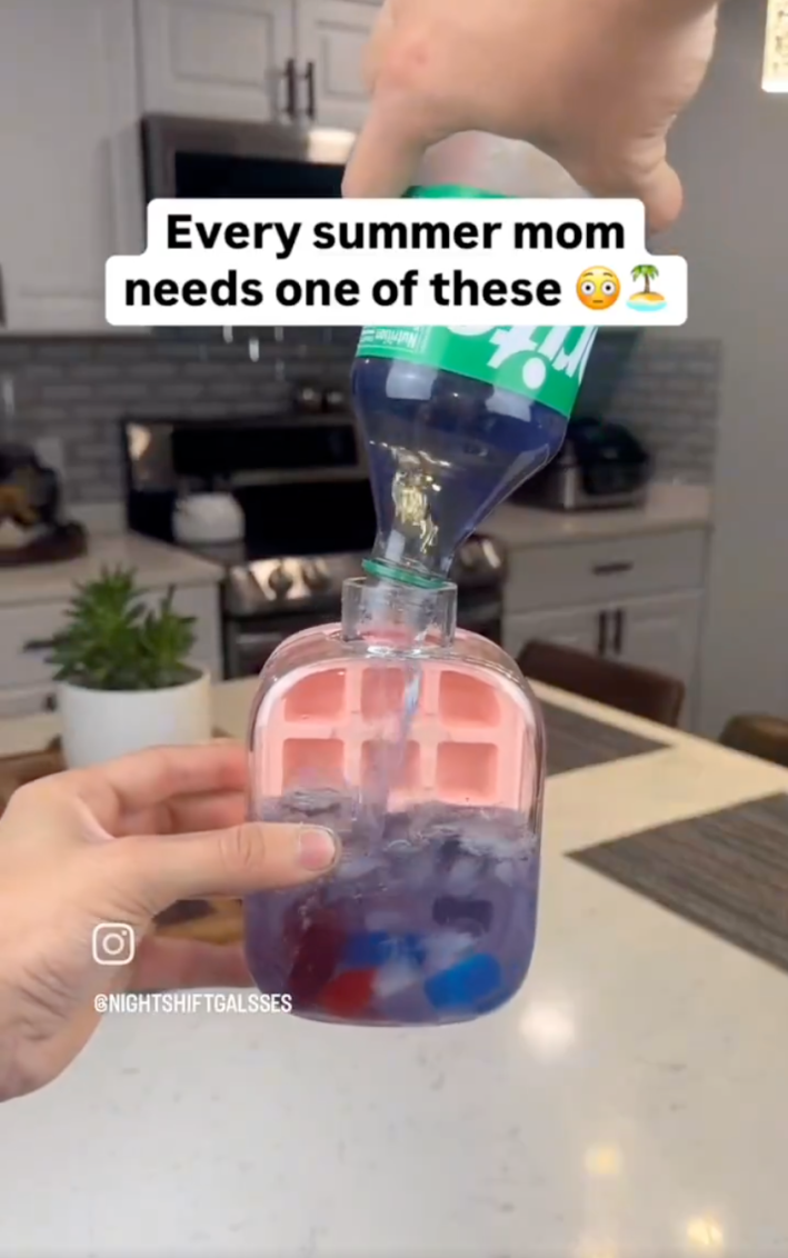 @nightshitgalsses on instagram/ Sprite, cough syrup, and Jolly Ranchers—aka “lean”—to demo an ice cube tray that doubles as a flask under the caption, “Every summer mom needs one of these.”