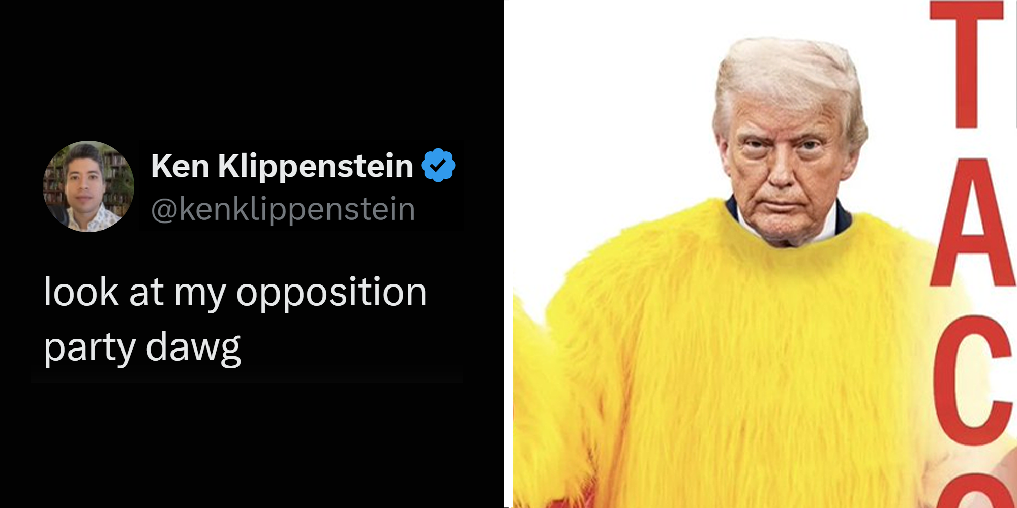 2 panel image. Ken Klippenstein tweet that reads: "Look at my opposition party dawg" on left. Trump in chicken suit on right.