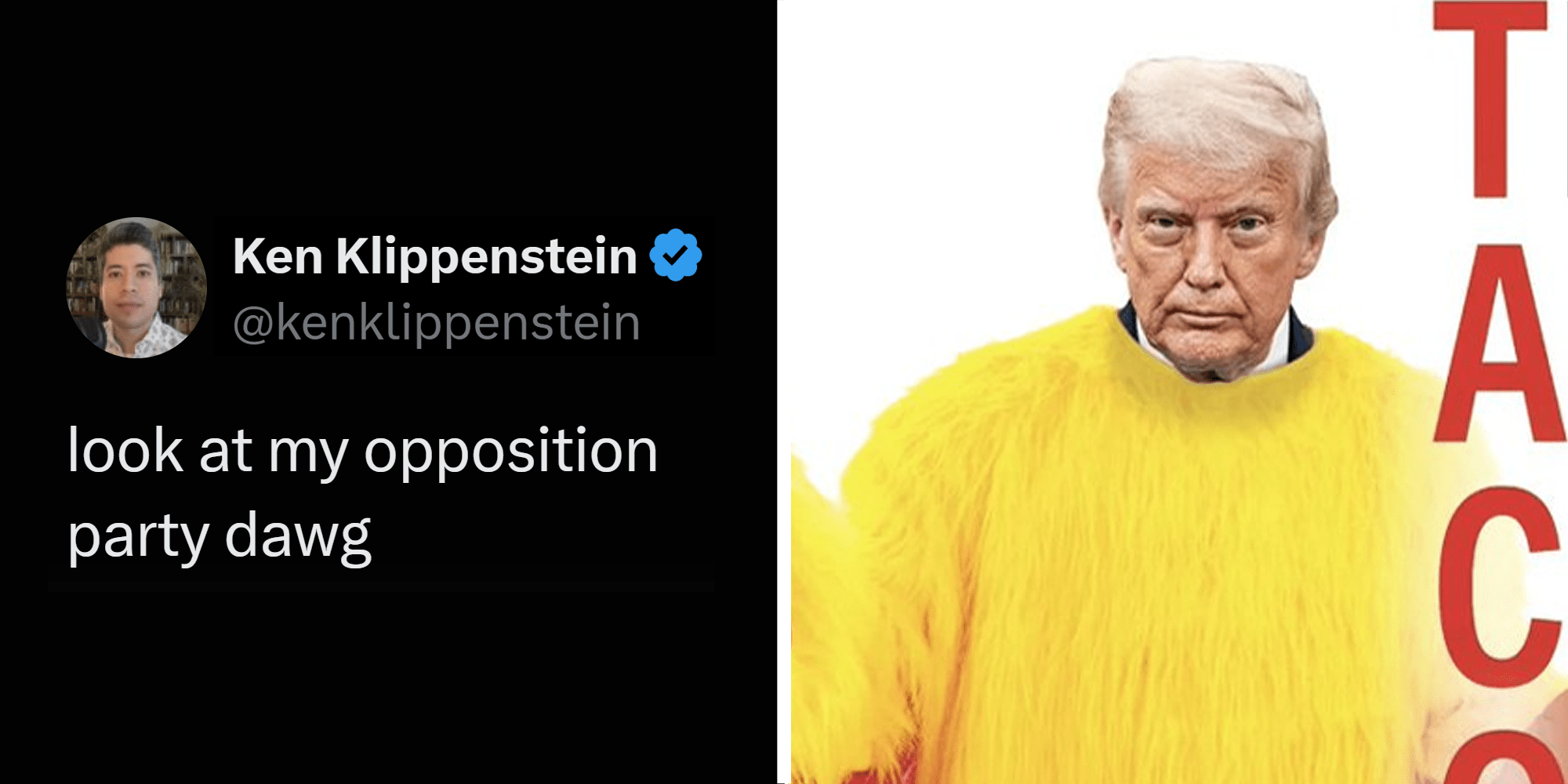 2 panel image. Ken Klippenstein tweet that reads: "Look at my opposition party dawg" on left. Trump in chicken suit on right.