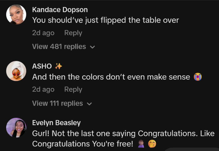 TikTok comments including one reading "Gurl! Not the last one saying Congratulations. Like Congratulations You're free!"