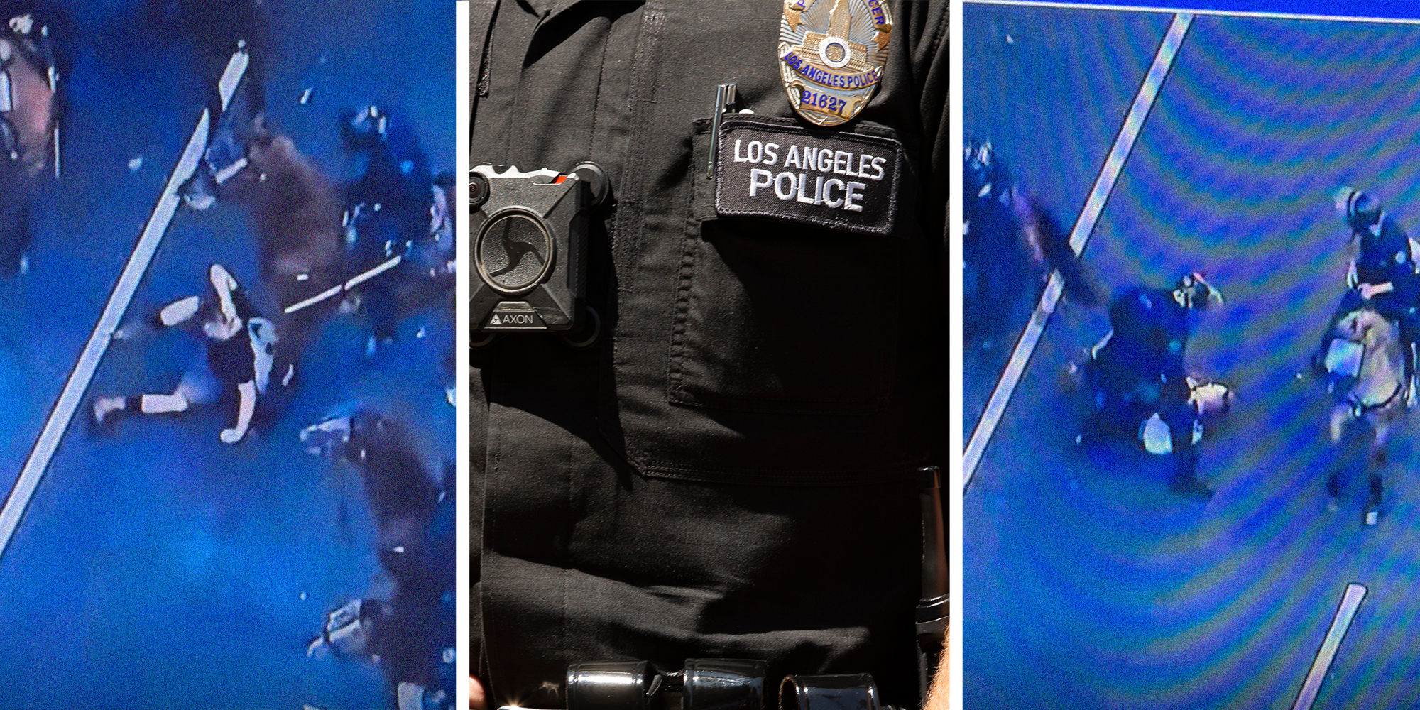 Left; LAPD officers stomp a protestor while on horseback. Right; one officer stands over a fallen protestor on the street. Center; A close-up image of a LAPD officer's badge and uniform.