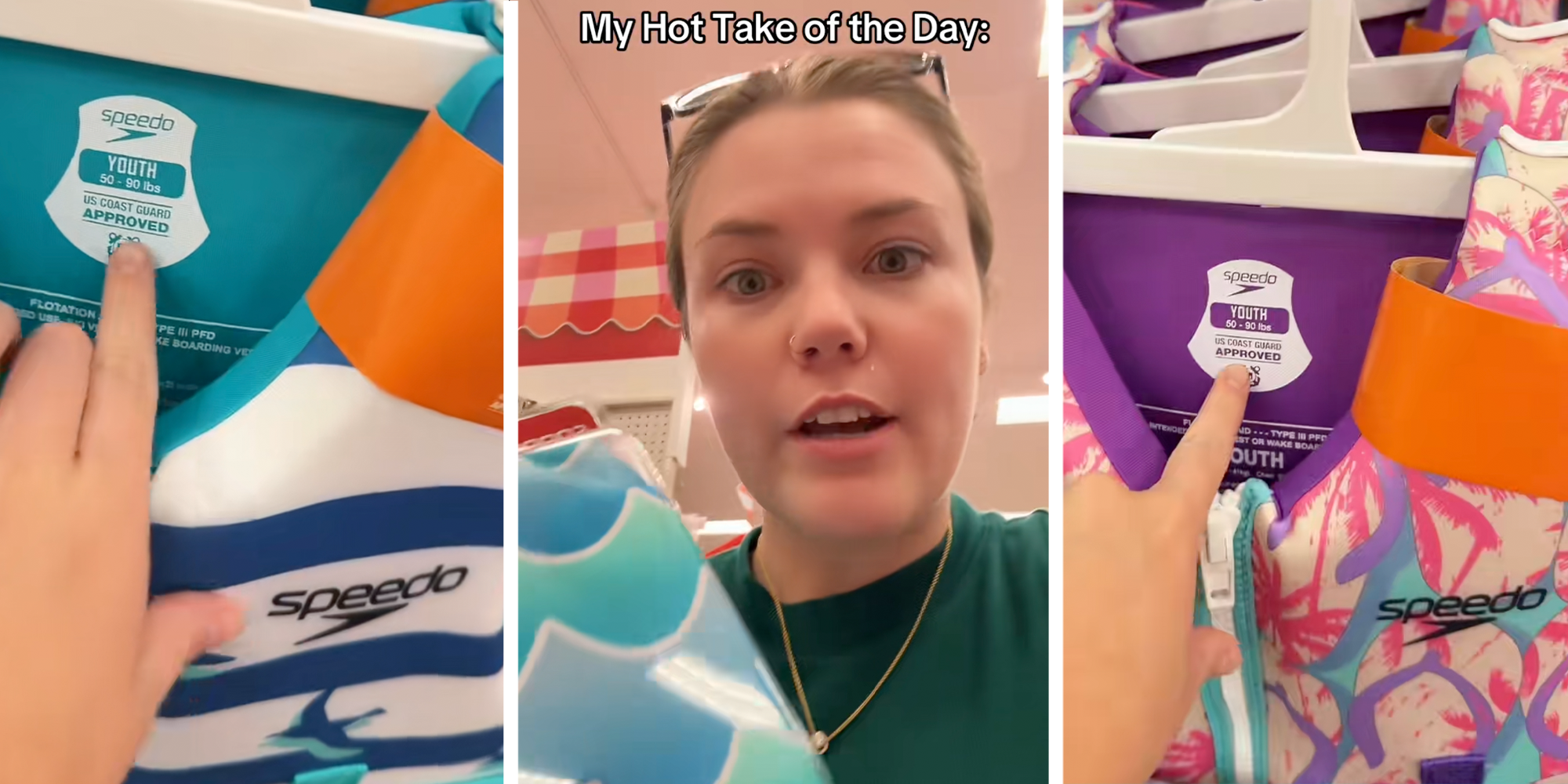 lifeguard pointing to life jackets and saying floaties are bad