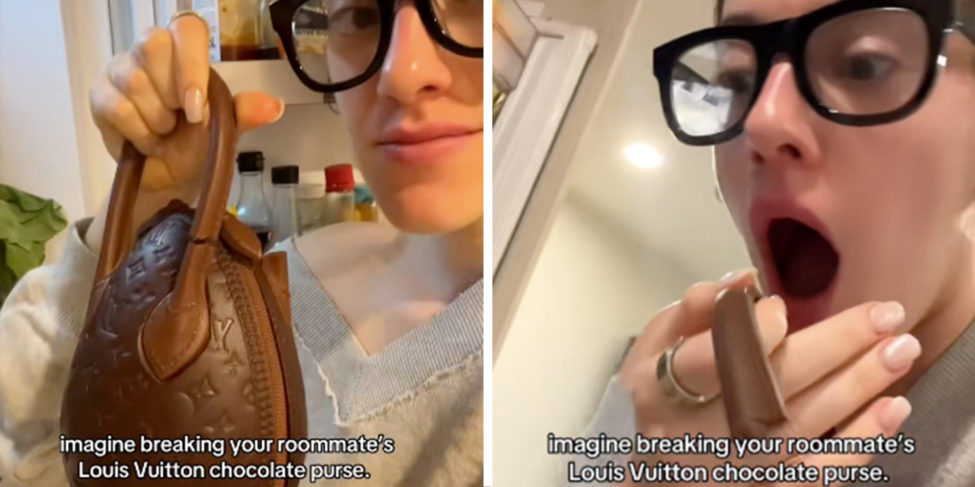 Woman holding a Louis Vuitton chocolate purse with a caption reading: "Imagine breaking your roommates Louis Vuitton chocolate purse"