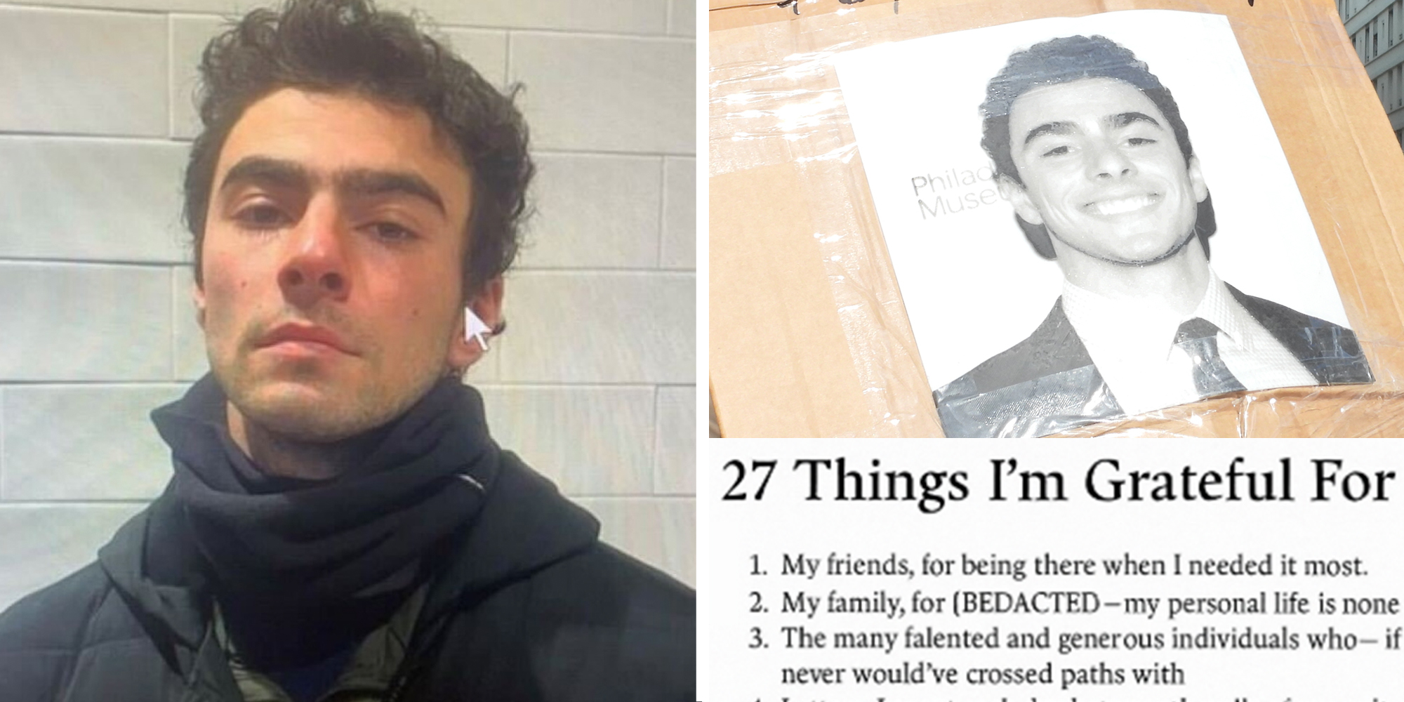 Luigi Mangione mugshot next to a photo of Luigi Mangione taped to a cardboard box above a mockup of his letter from jail with the header: 27 Things I'm Grateful For