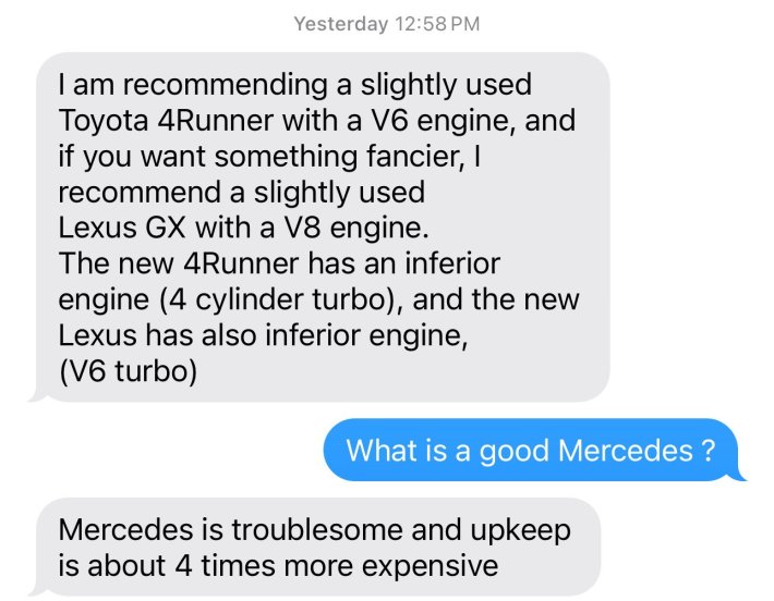 Mechanic dad text messages talking about Toyota, Lexus, and Mercedes SUVs.