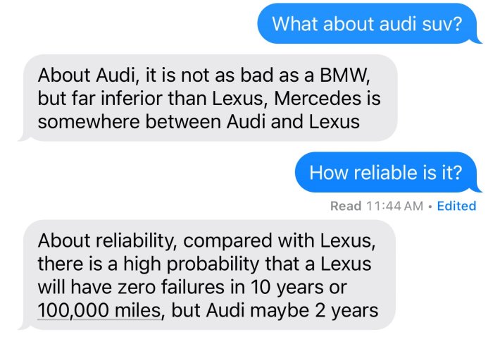 Mechanic dad text messages talking about Audi, BMW, and Lexus.