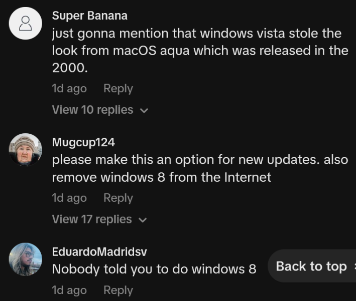 TikTok comments including one reading "just gonna mention that windows vista stole the look from macOS aqua which was released in the 2000."