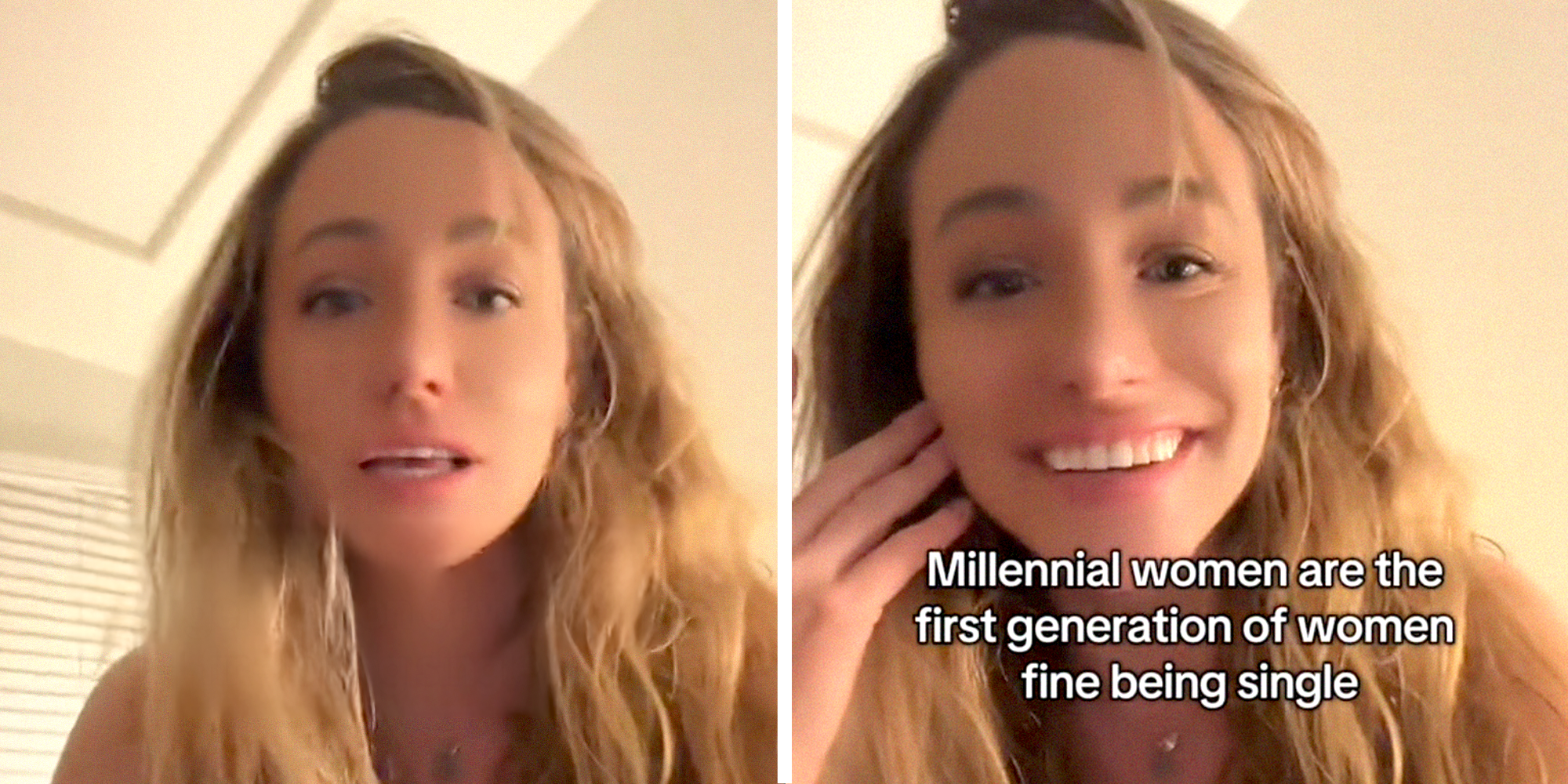 2 panel image of a woman talking about being single