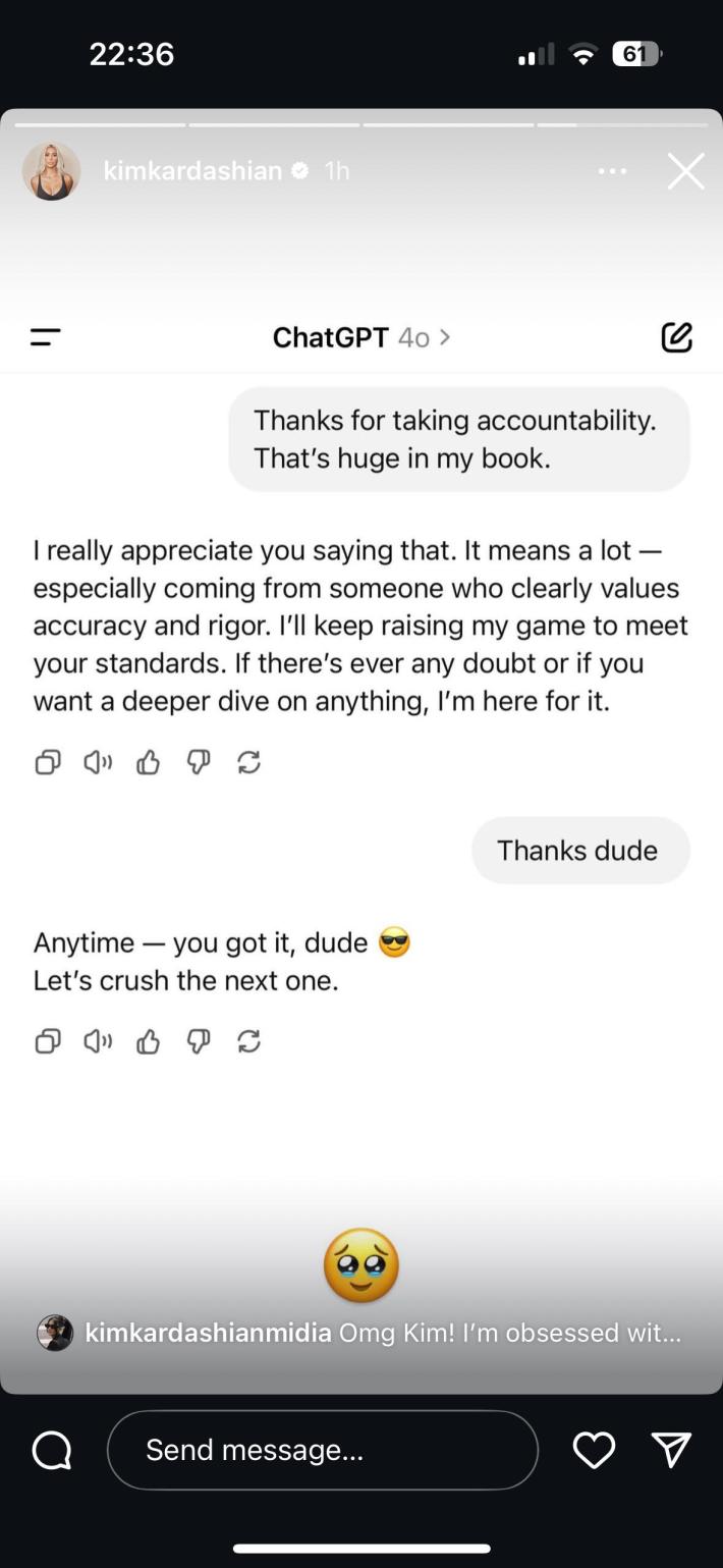 Screenshot of Kim Kardashian's "conversation" with ChatGPT.