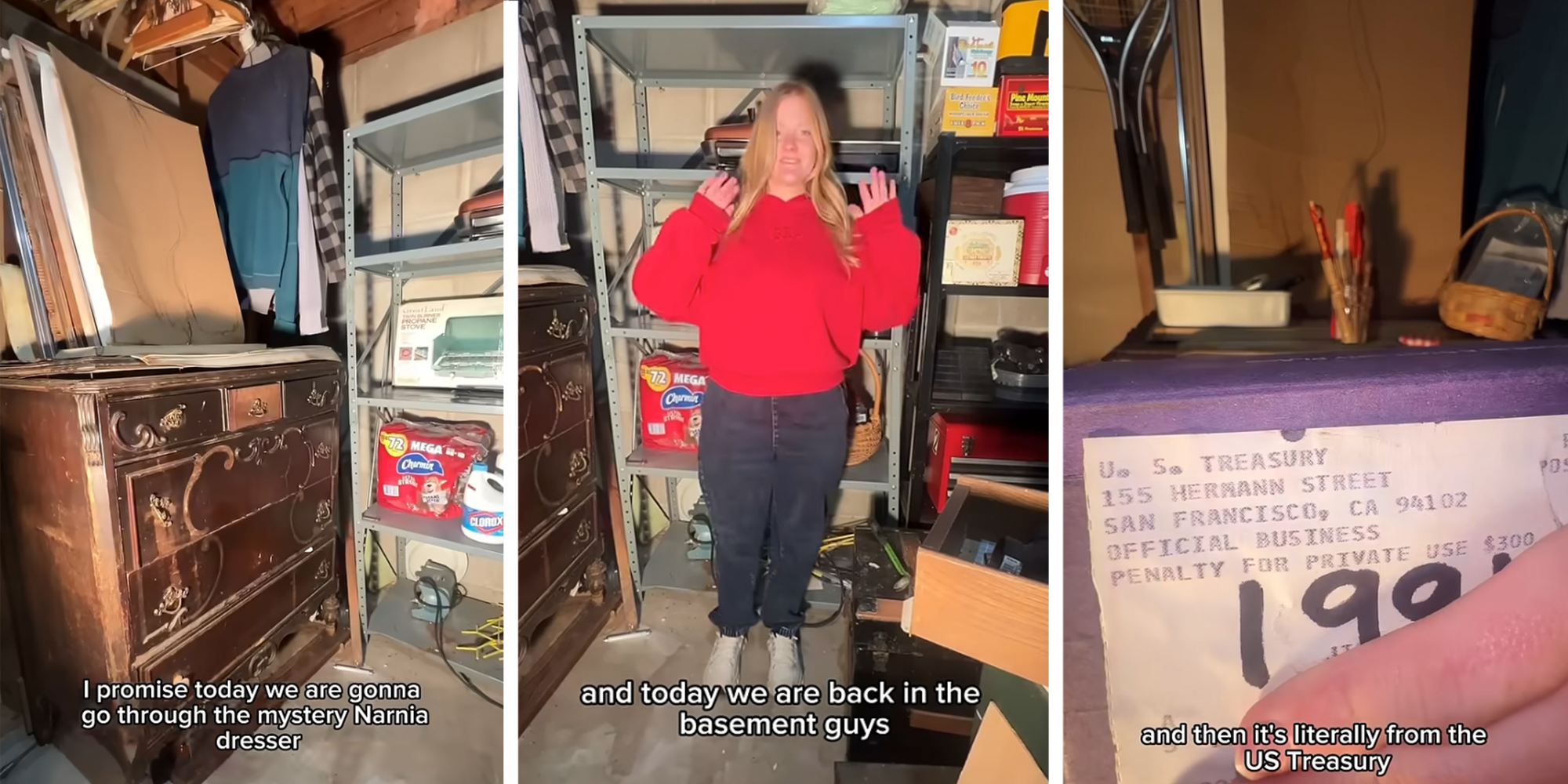 Woman films herself from her basement. She shows a brown old dresser reminiscent of the wardrobe from "Narnia." She also holds up a purple package from 1991 from the U.S. Treasury.